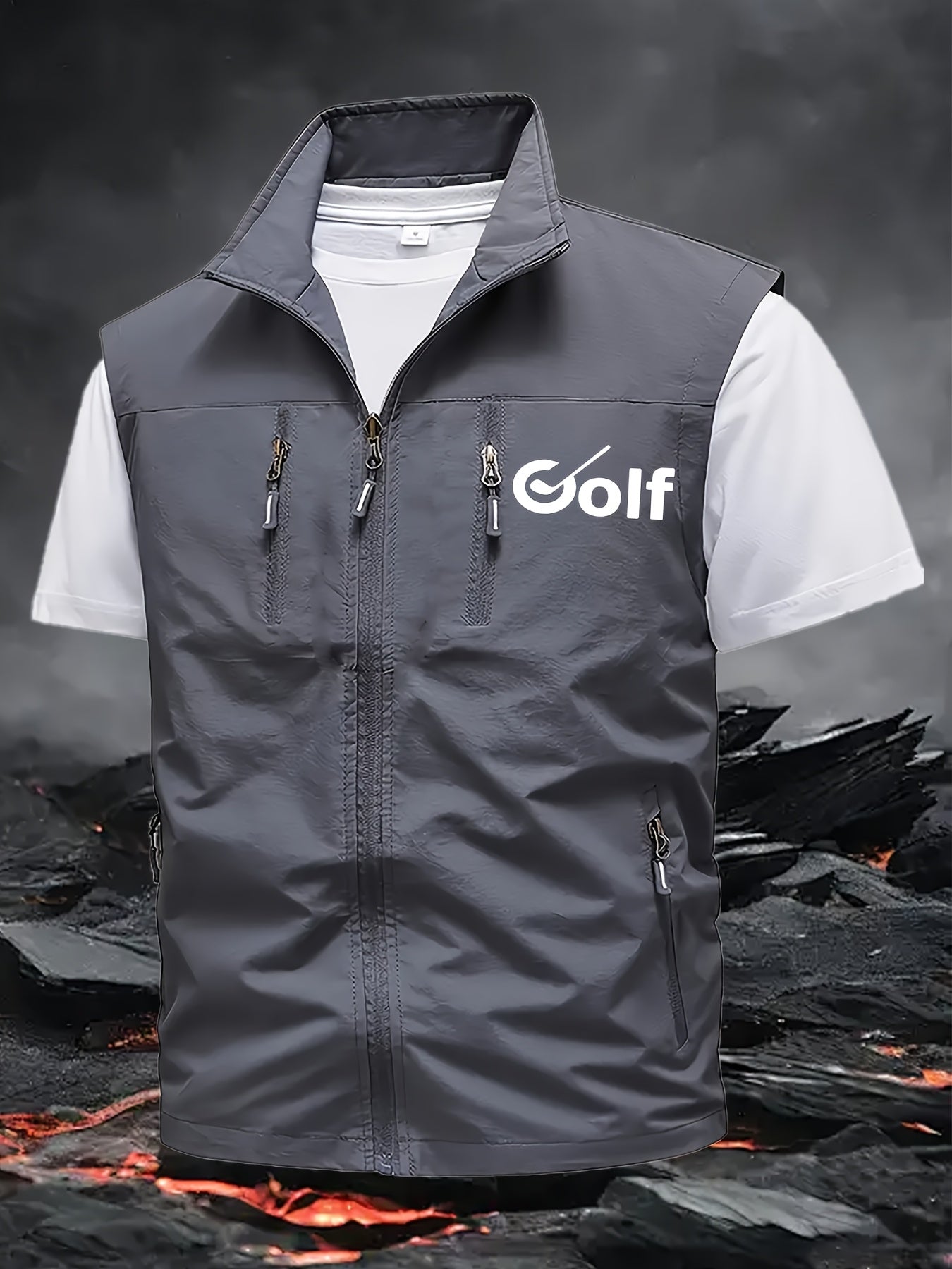 Golf Print Men's Creative Sports Vest, Lightweight Casual Fishing & Hiking Sleeveless Stand Collar Outdoor Breathable Athletic Tank Top - Solid Color Design with Multiple Pockets and Durable Fabric