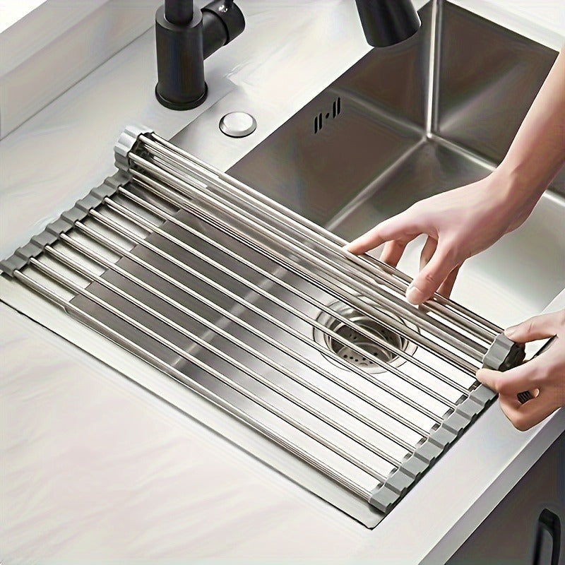 1pc, Deluxe Roll-Up Stainless Steel Dish Drying Rack - Space-Saving, Multifunctional, Over-The-Sink Design, Portable, Rollable, Anti-Rust, Easy to Clean, Kitchen Sink Organizer, Tool, and Mat - Perfect for Small Kitchens, Spacesaving Solution, Sleek Kitc