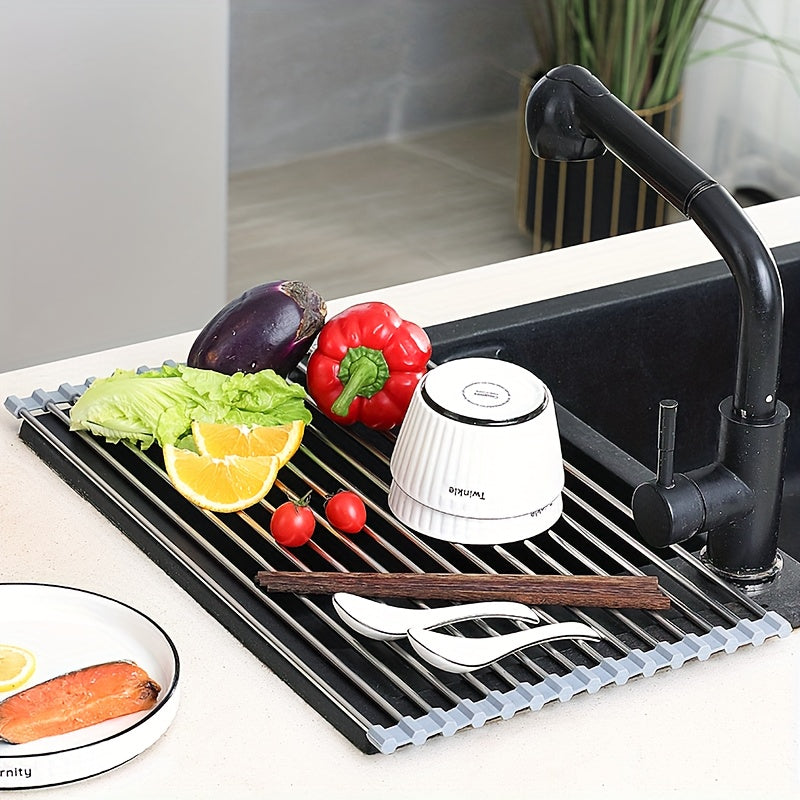 1pc, Deluxe Roll-Up Stainless Steel Dish Drying Rack - Space-Saving, Multifunctional, Over-The-Sink Design, Portable, Rollable, Anti-Rust, Easy to Clean, Kitchen Sink Organizer, Tool, and Mat - Perfect for Small Kitchens, Spacesaving Solution, Sleek Kitc
