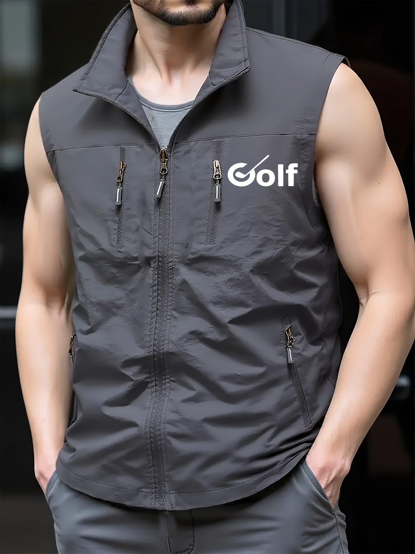 Golf Print Men's Creative Sports Vest, Lightweight Casual Fishing & Hiking Sleeveless Stand Collar Outdoor Breathable Athletic Tank Top - Solid Color Design with Multiple Pockets and Durable Fabric