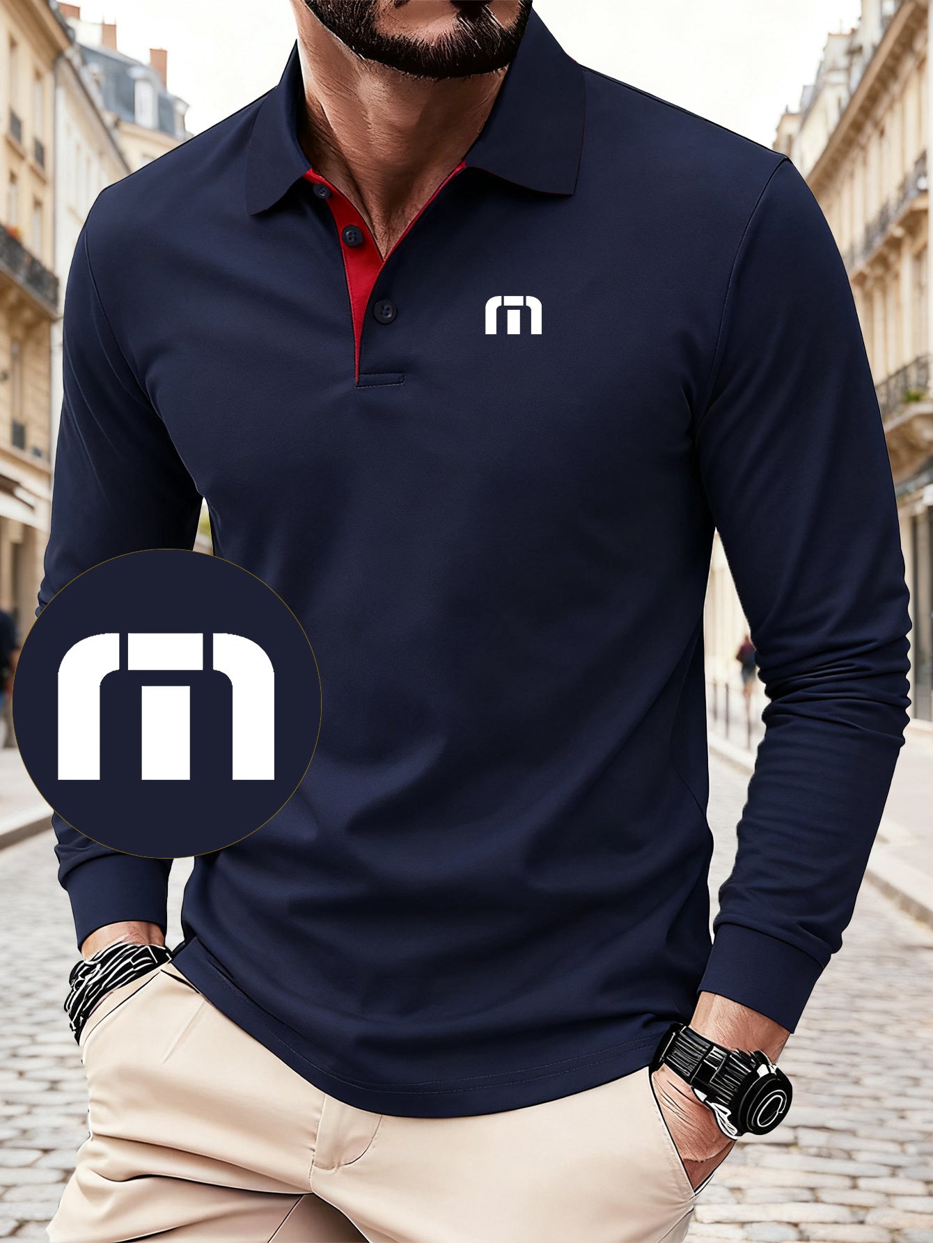 C8-396 New High-End Color-Block Men'S Print Long-Sleeved POLO Shirt, Casual Sports Fashion Men'S Top, Comfortable And Breathable Fabric, Versatile Regular Fit Button- Collar Golf Shirt, Tennis Training Business Pullover