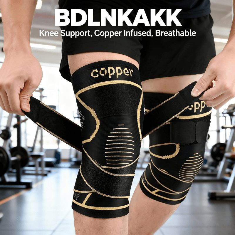 1pc Black Copper Knee Brace with Strap, Nylon Blend Compression Sleeve for Men, Modern Design, Strapfast Closure, Comfortable and Durable, Ideal for Daily Activities, Breathable and Stable Support